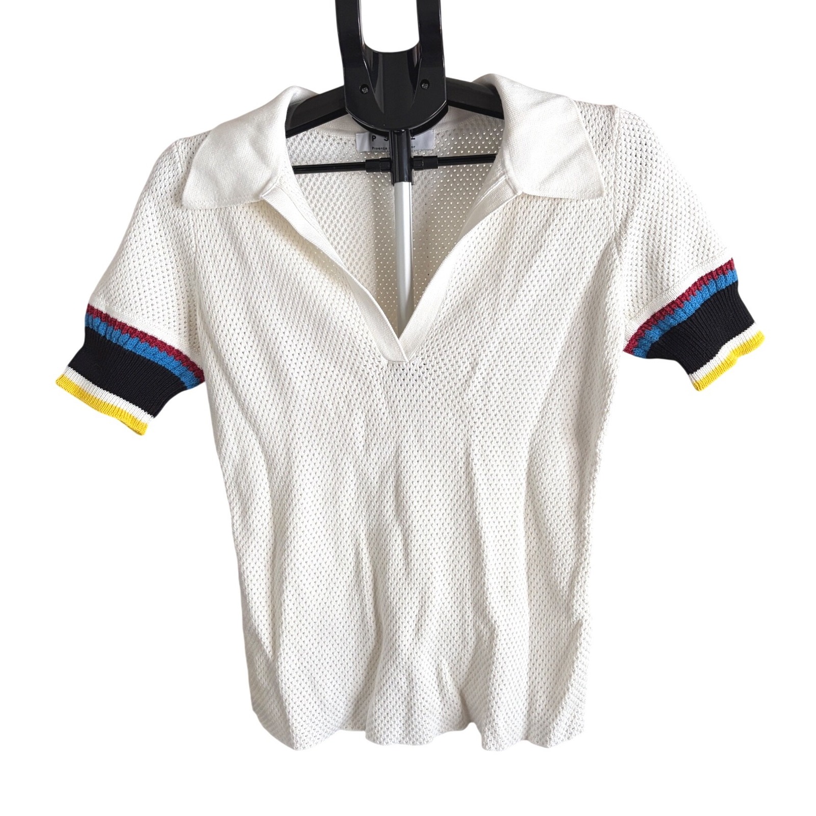 Pswl Proenza Schouler White Label Mesh Polo White Shirt Striped Knit Medium